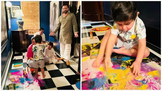 Kareena Kapoor Saif Ali Khan Taimur and Jeh kick off Diwali with a messy rangoli and family time. See pics