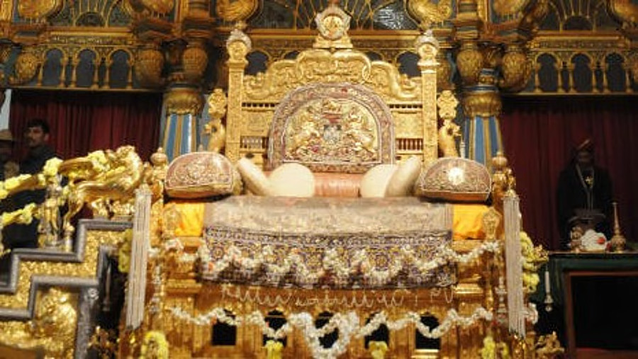 Golden throne assembled for private Dasara traditions of erstwhile royal family of Mysuru
